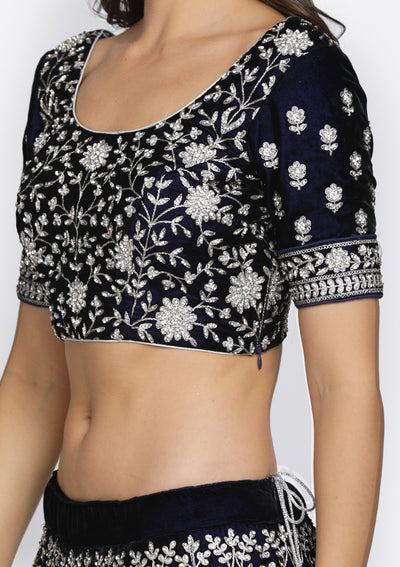 Navy Blue Silver Stonework Velvet Designer Semi-Stitched Lehenga - koskii