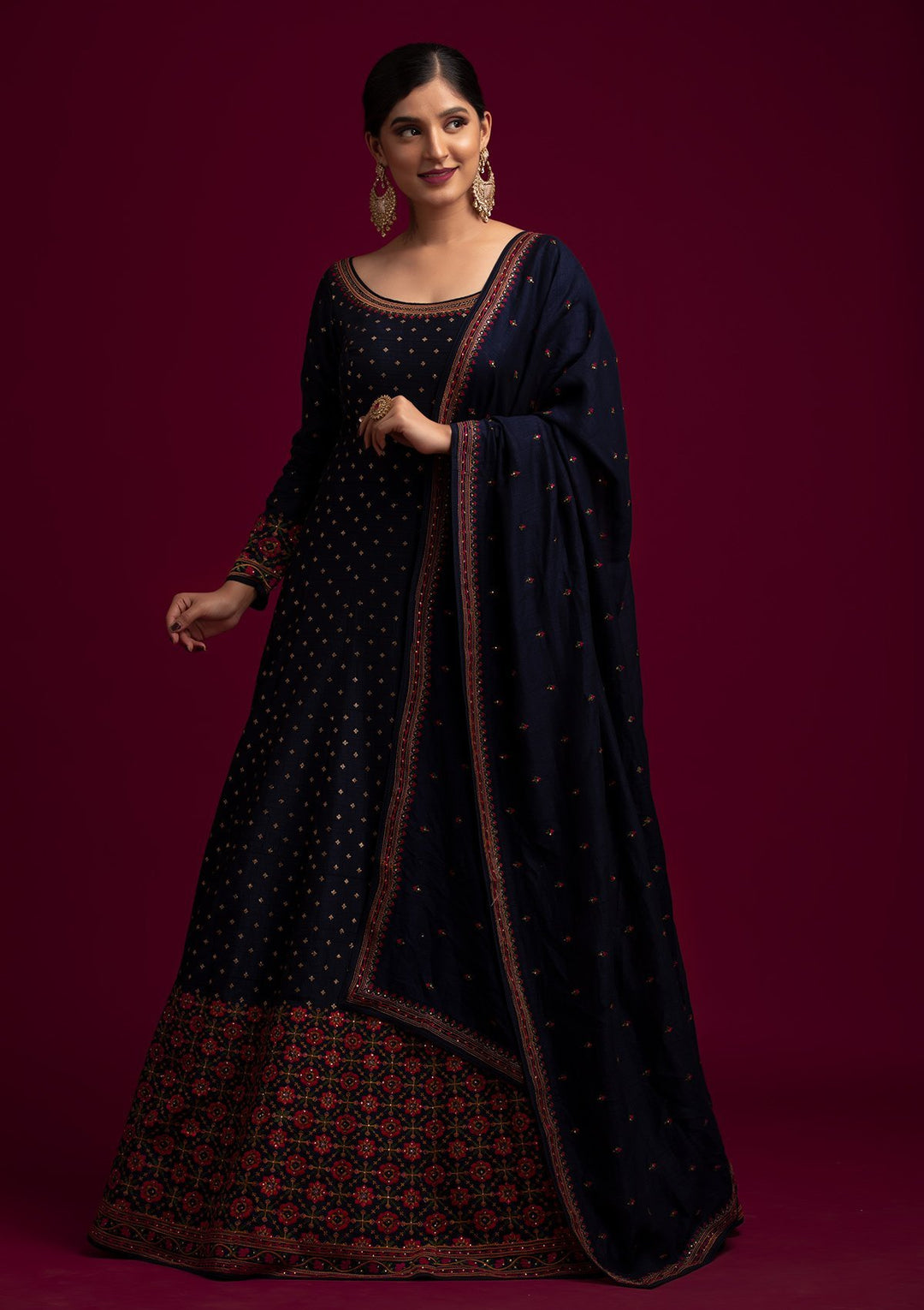 Navy Blue Threadwork Raw Silk Designer Gown - koskii