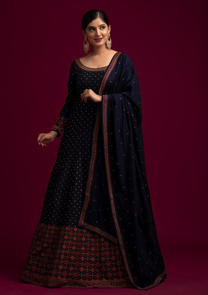 Navy Blue Threadwork Raw Silk Designer Gown - koskii