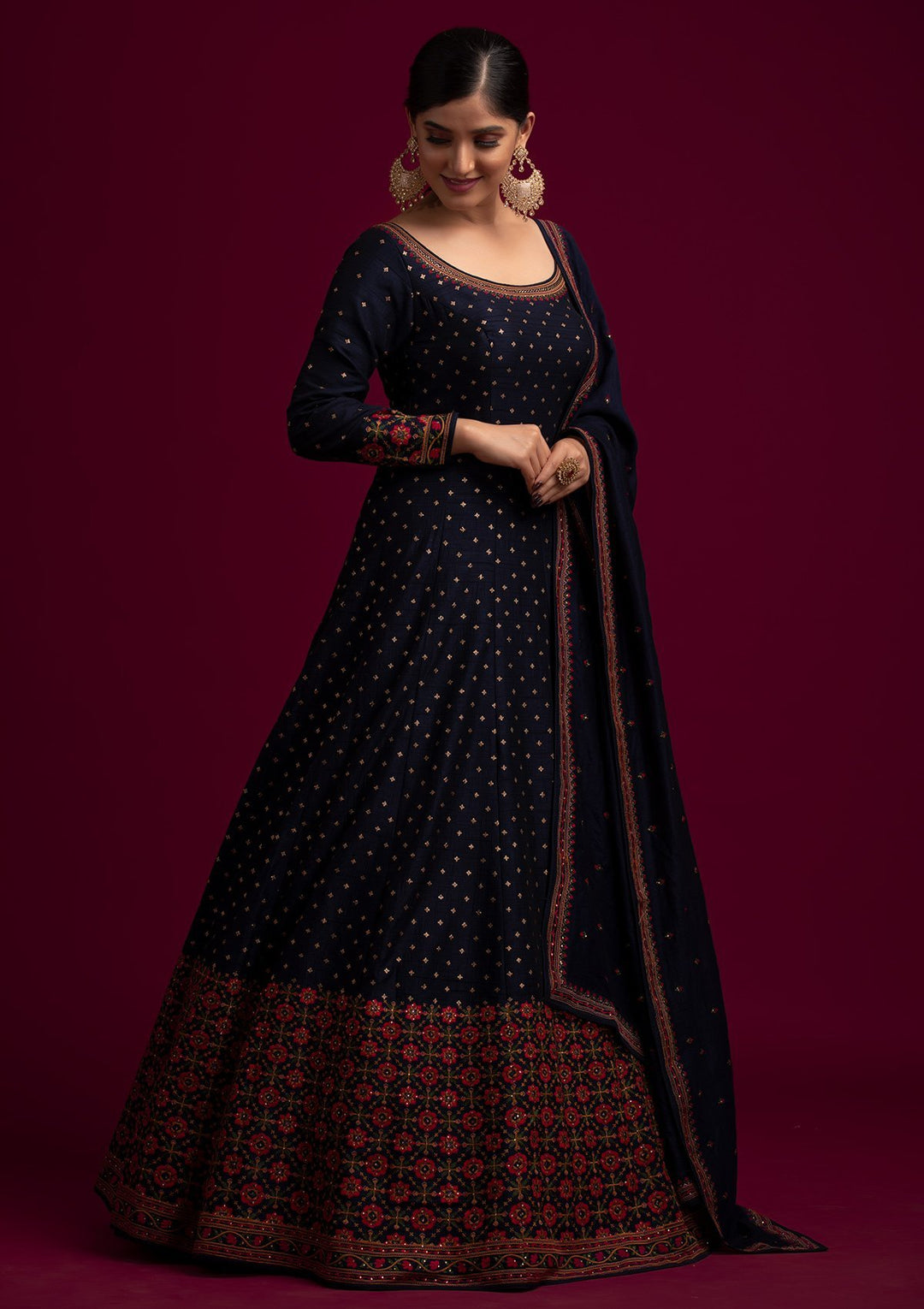 Navy Blue Threadwork Raw Silk Designer Gown - koskii