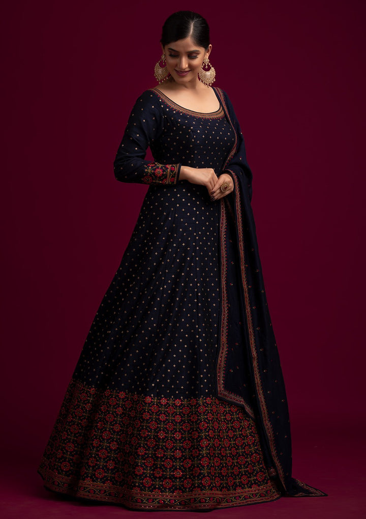 Navy Blue Threadwork Raw Silk Designer Gown - koskii