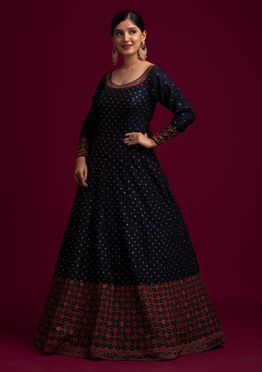 Navy Blue Threadwork Raw Silk Designer Gown - koskii