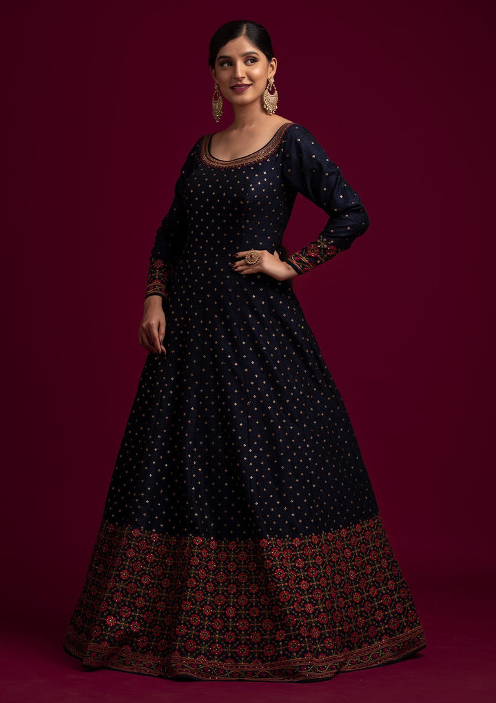 Navy Blue Threadwork Raw Silk Designer Gown - koskii