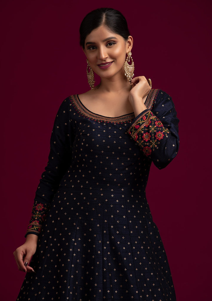 Navy Blue Threadwork Raw Silk Designer Gown - koskii