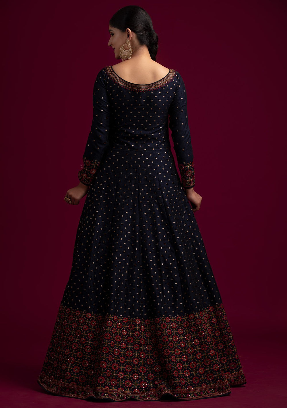 Navy Blue Threadwork Raw Silk Designer Gown - koskii