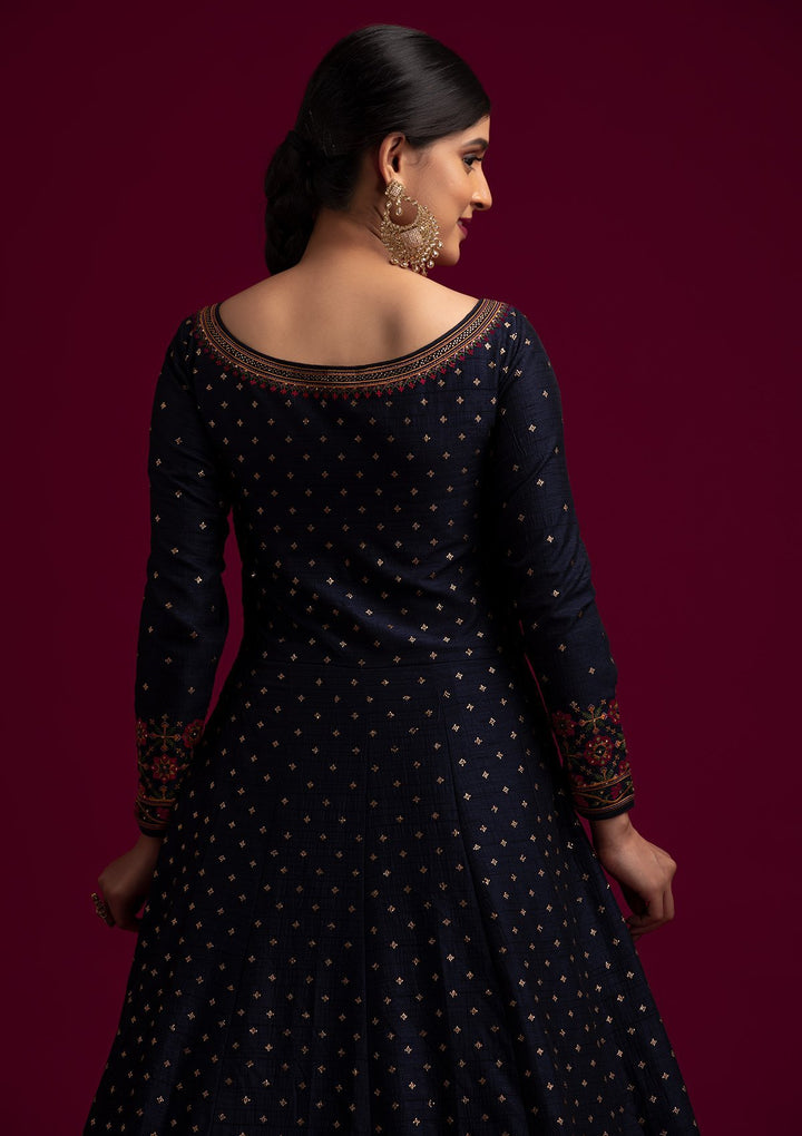Navy Blue Threadwork Raw Silk Designer Gown - koskii