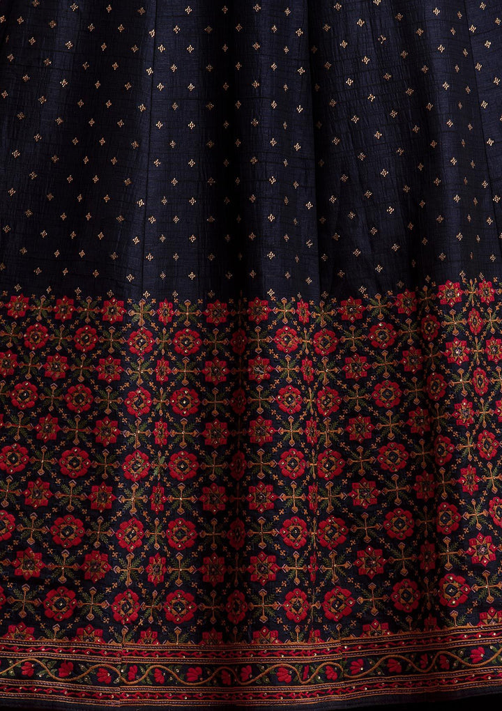 Navy Blue Threadwork Raw Silk Designer Gown - koskii