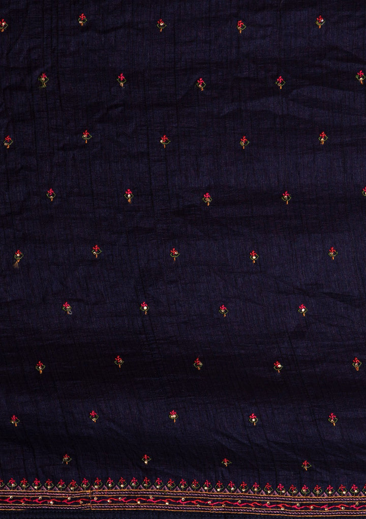 Navy Blue Threadwork Raw Silk Designer Gown - koskii