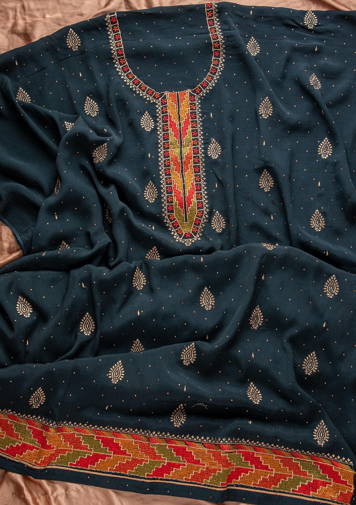 Navy Blue Threadwork Semi Crepe Designer Unstitched Salwar Suit - koskii