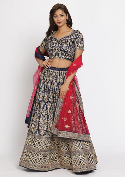 Navy Blue Zariwork Art Silk Designer Semi-Stitched Lehenga - koskii