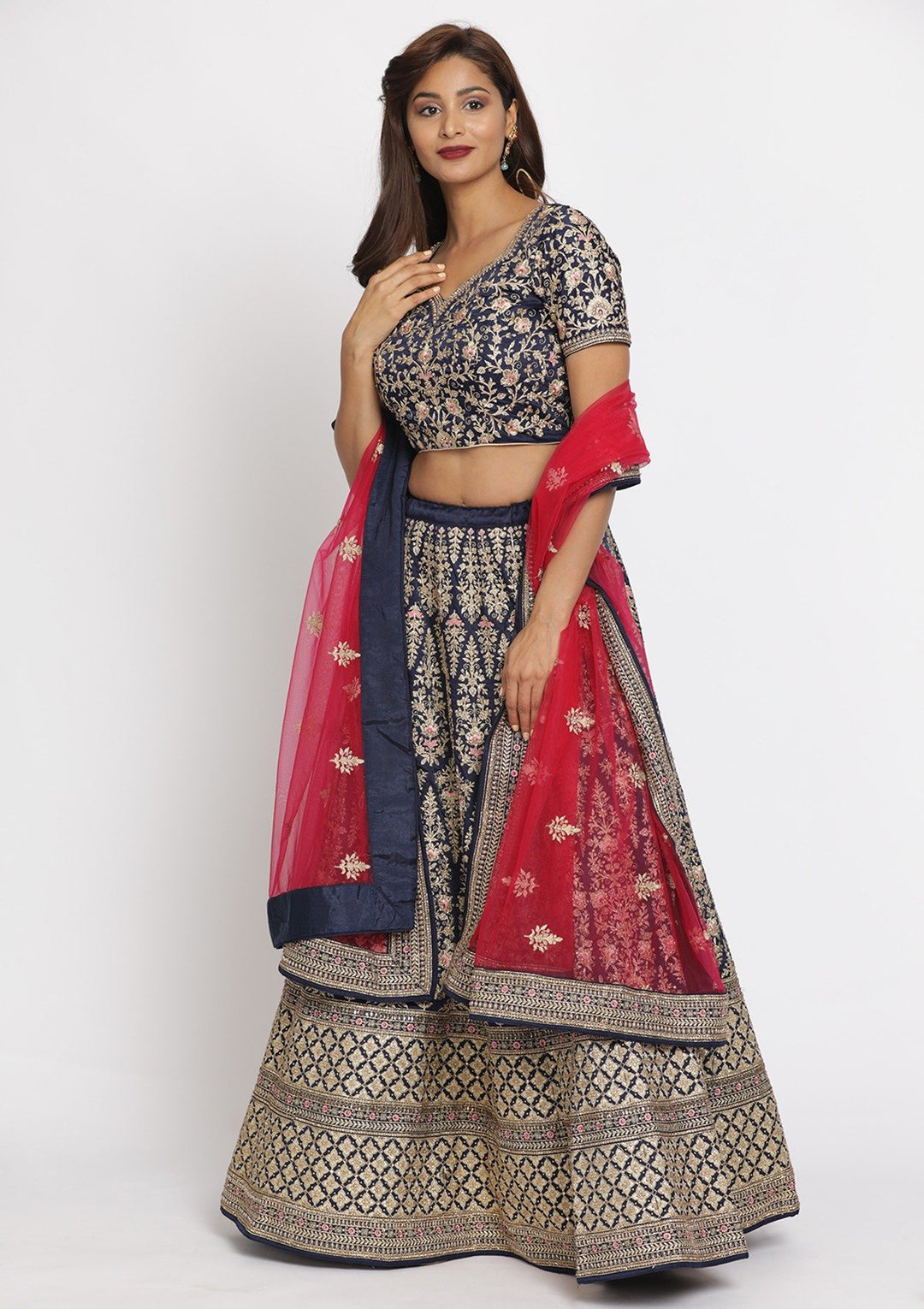 Navy Blue Zariwork Art Silk Designer Semi-Stitched Lehenga - koskii