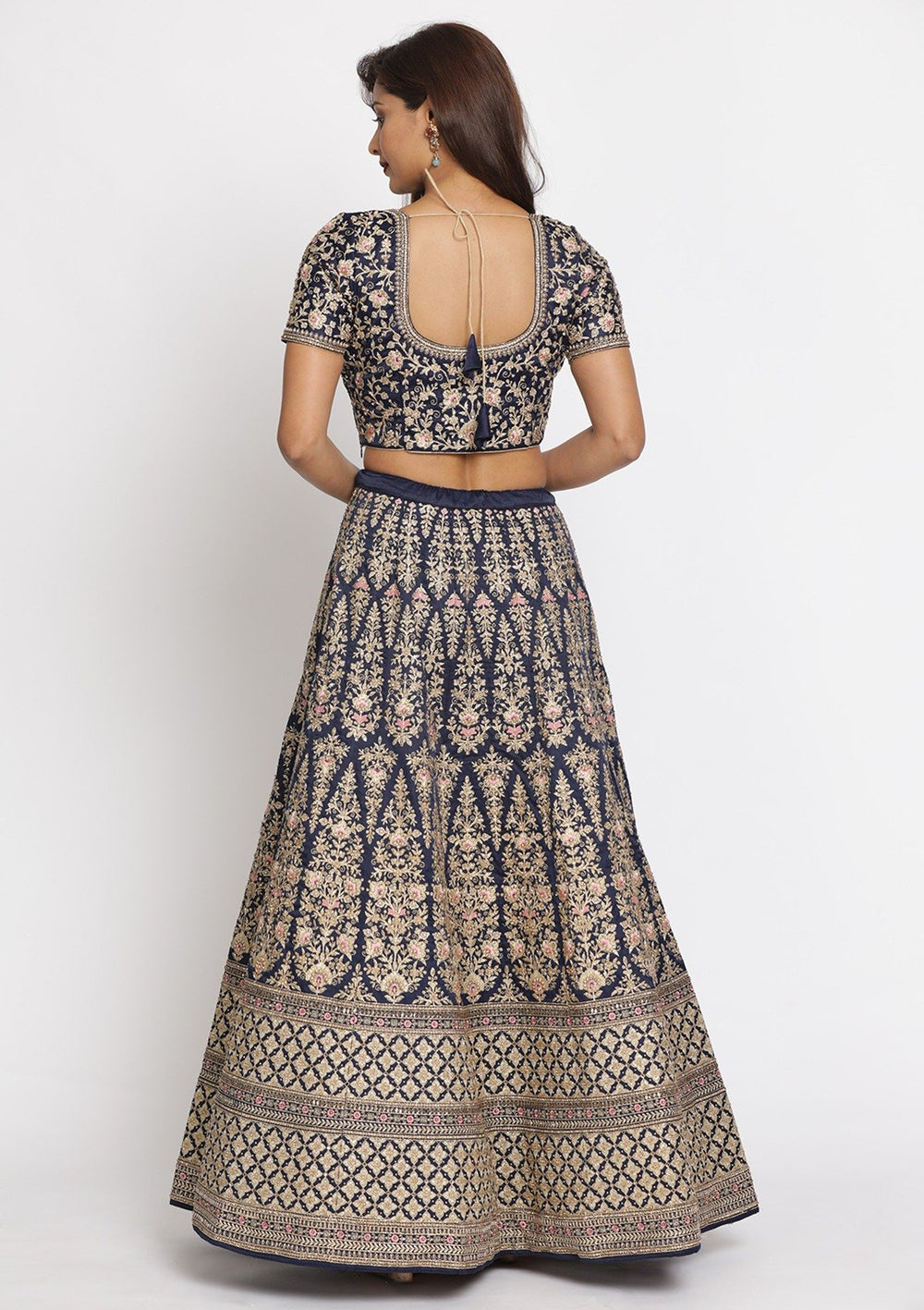 Navy Blue Zariwork Art Silk Designer Semi-Stitched Lehenga - koskii