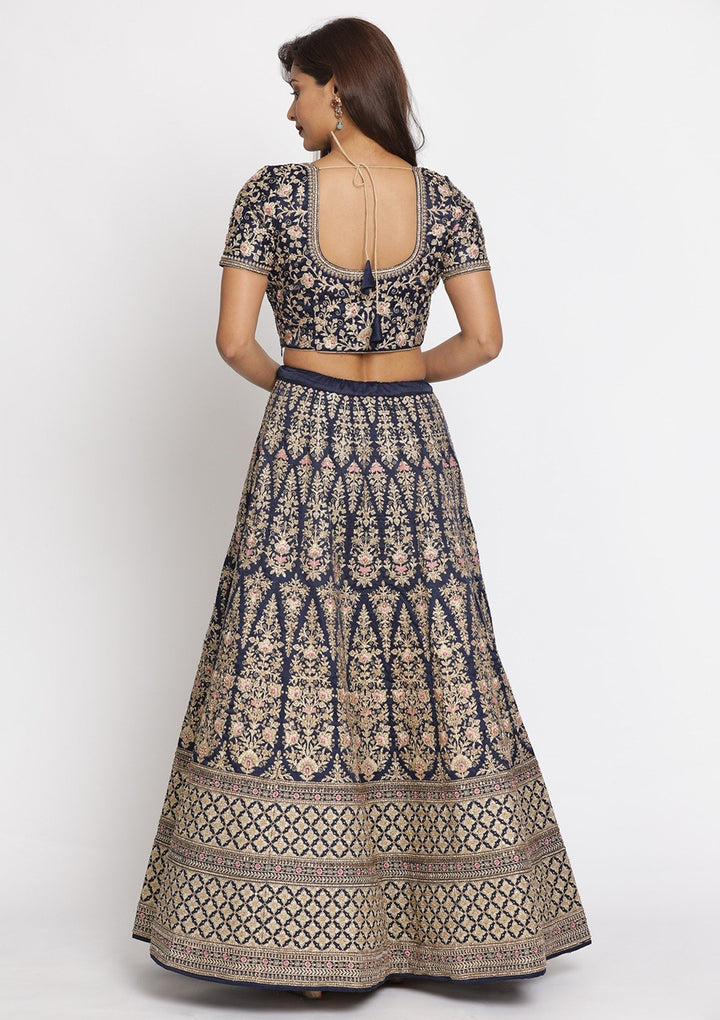 Navy Blue Zariwork Art Silk Designer Semi-Stitched Lehenga - koskii