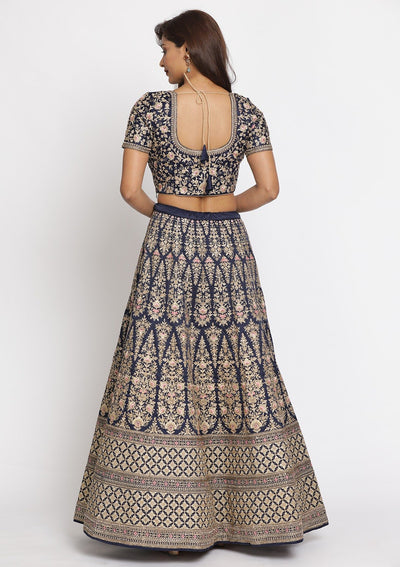 Navy Blue Zariwork Art Silk Designer Semi-Stitched Lehenga - koskii