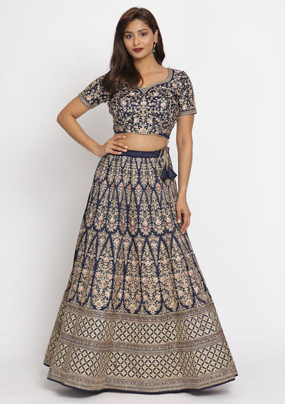 Navy Blue Zariwork Art Silk Designer Semi-Stitched Lehenga - koskii