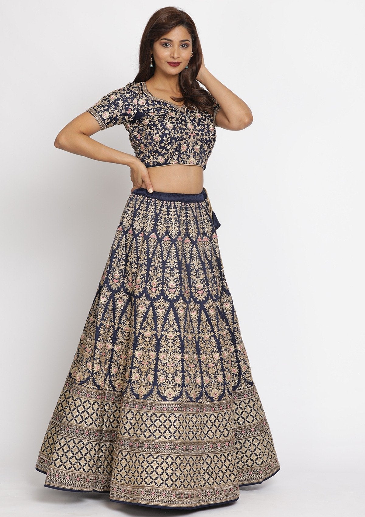 Navy Blue Zariwork Art Silk Designer Semi-Stitched Lehenga - koskii