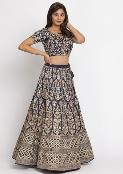 Navy Blue Zariwork Art Silk Designer Semi-Stitched Lehenga - koskii