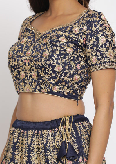 Navy Blue Zariwork Art Silk Designer Semi-Stitched Lehenga - koskii