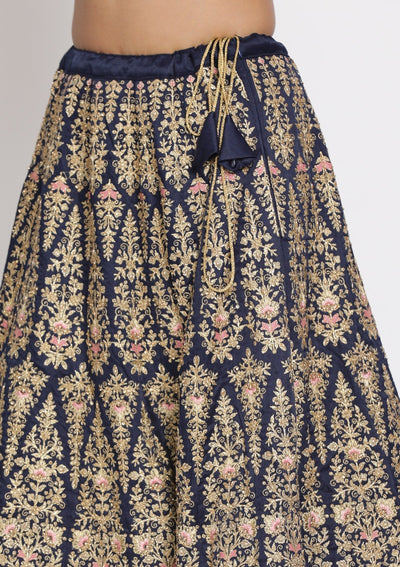 Navy Blue Zariwork Art Silk Designer Semi-Stitched Lehenga - koskii