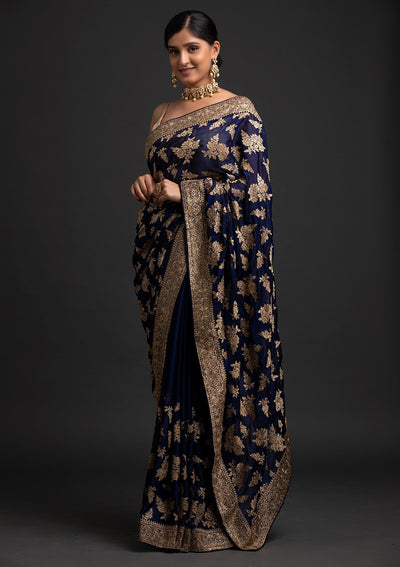 Navy Blue Zariwork Art Silk Designer Saree - koskii