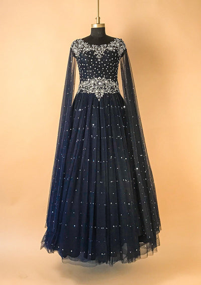 Navy Blue Silver Stonework Net Designer Gown - koskii