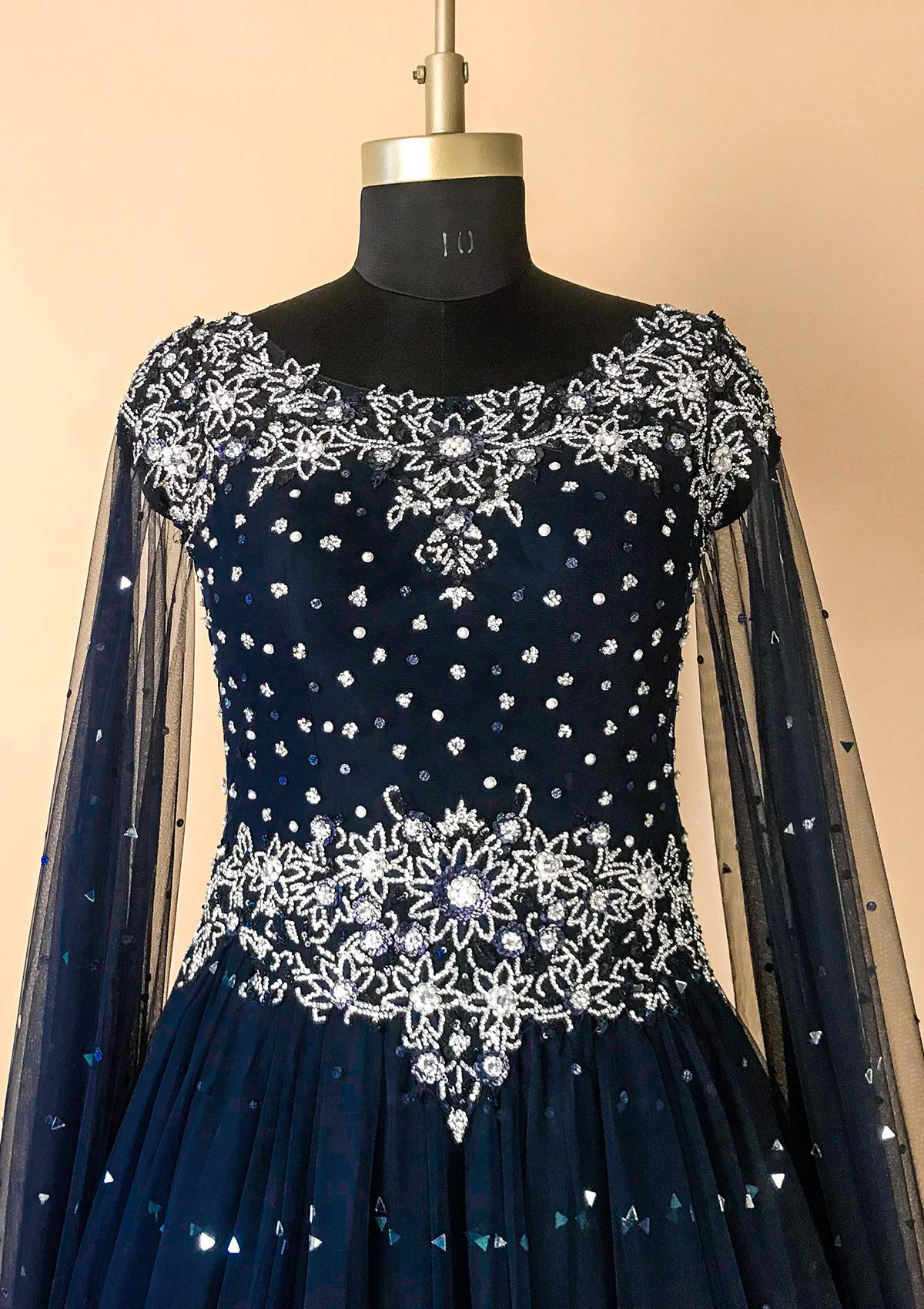 Navy Blue Silver Stonework Net Designer Gown - koskii