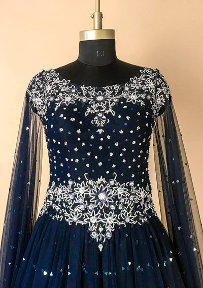 Navy Blue Silver Stonework Net Designer Gown - koskii