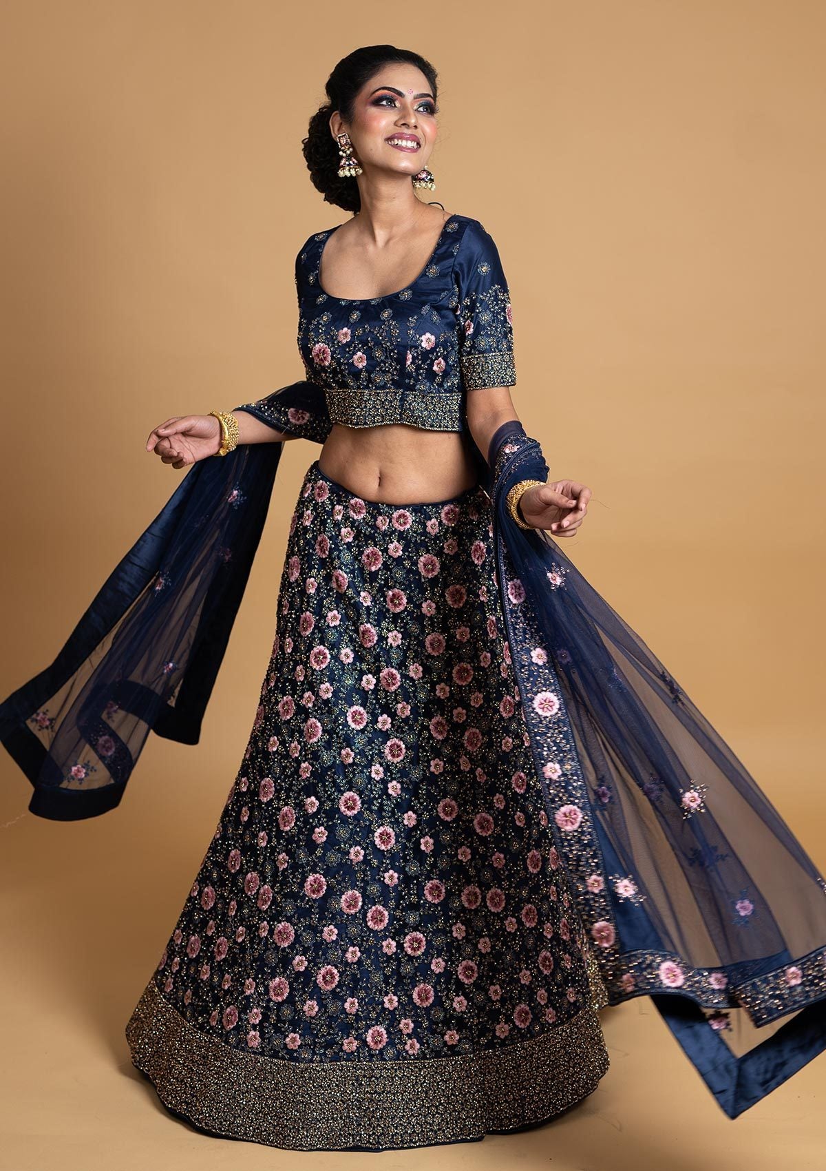 Navy Blue Stonework Net Designer Semi-Stitched Lehenga - koskii