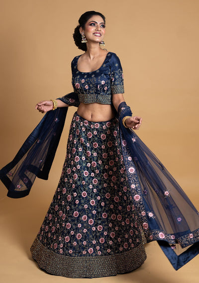 Navy Blue Stonework Net Designer Semi-Stitched Lehenga - koskii