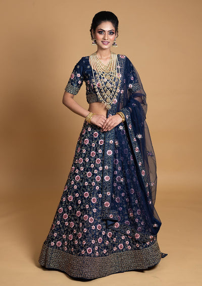 Navy Blue Stonework Net Designer Semi-Stitched Lehenga - koskii