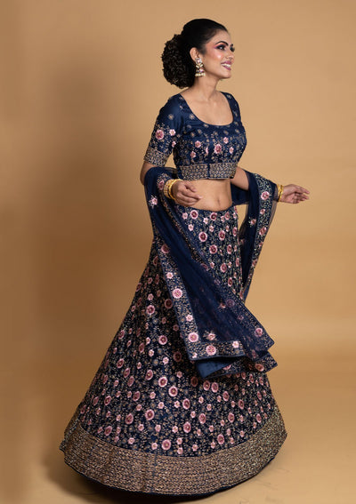 Navy Blue Stonework Net Designer Semi-Stitched Lehenga - koskii