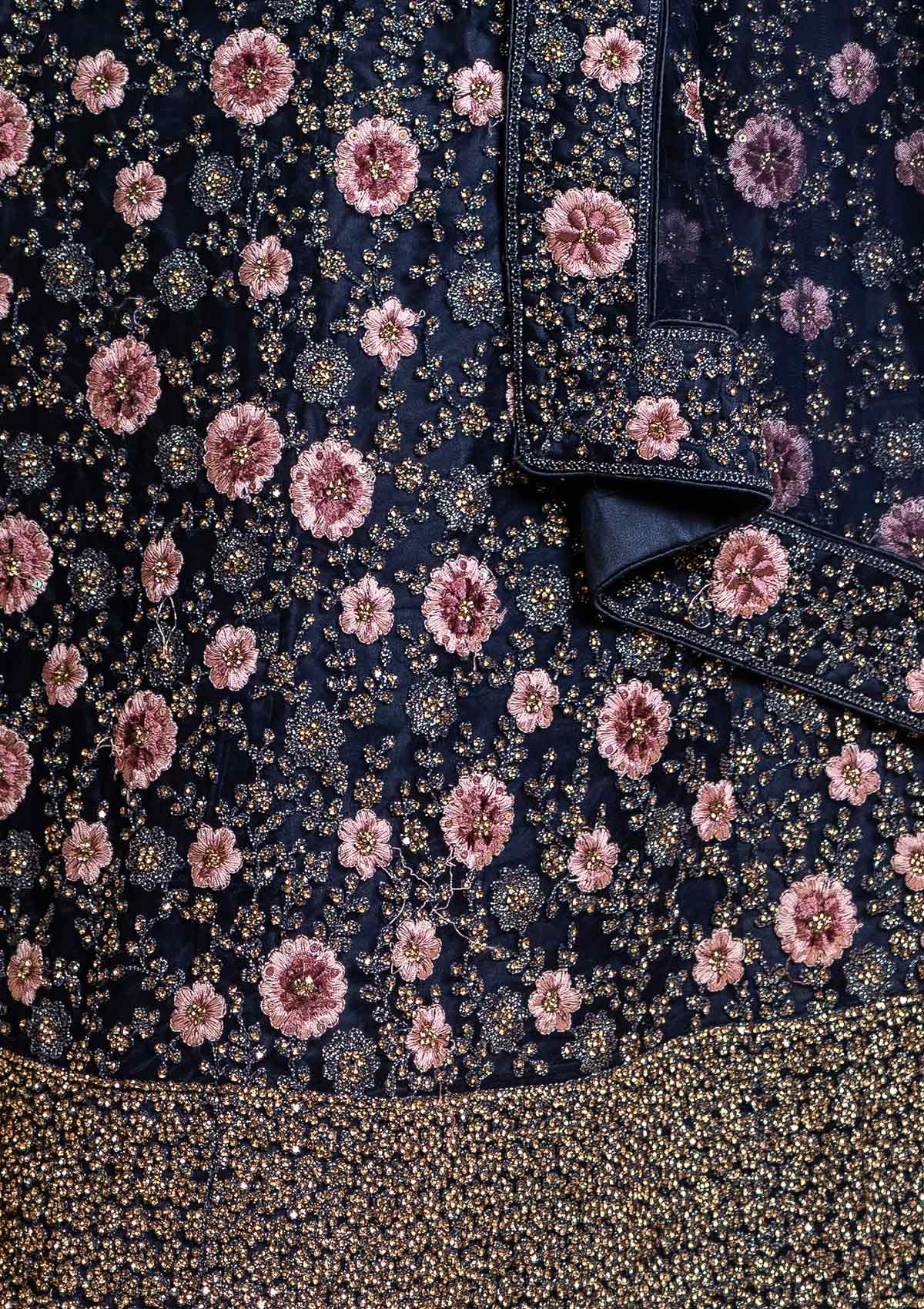 Navy Blue Stonework Net Designer Semi-Stitched Lehenga - koskii