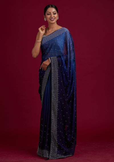 Navy Blue Swarovski  Satin Designer Saree - Koskii