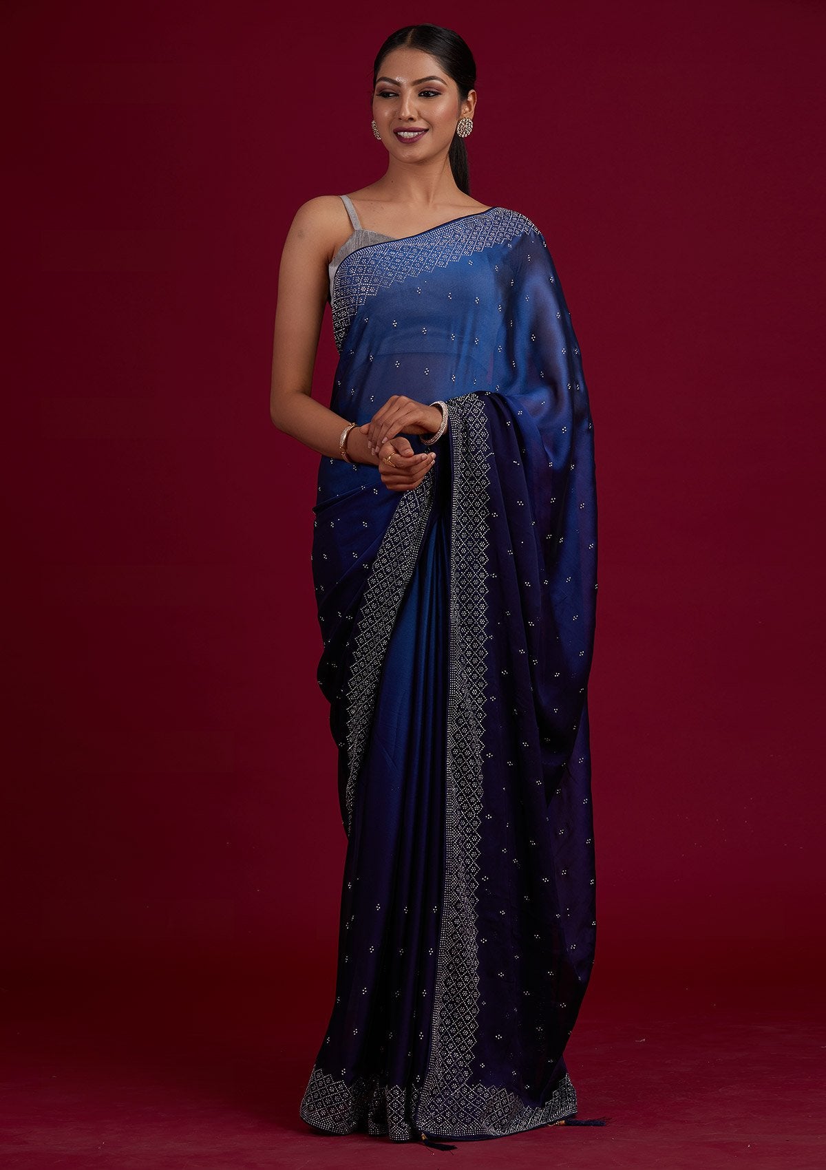 Navy Blue Swarovski  Satin Designer Saree - Koskii