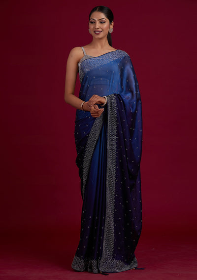 Navy Blue Swarovski  Satin Designer Saree - Koskii