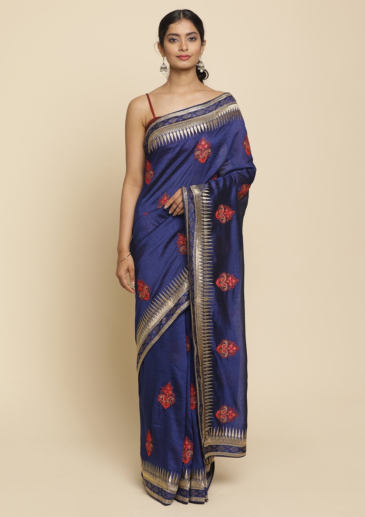 Navy Blue Zariwork  Art Silk Designer Saree - koskii