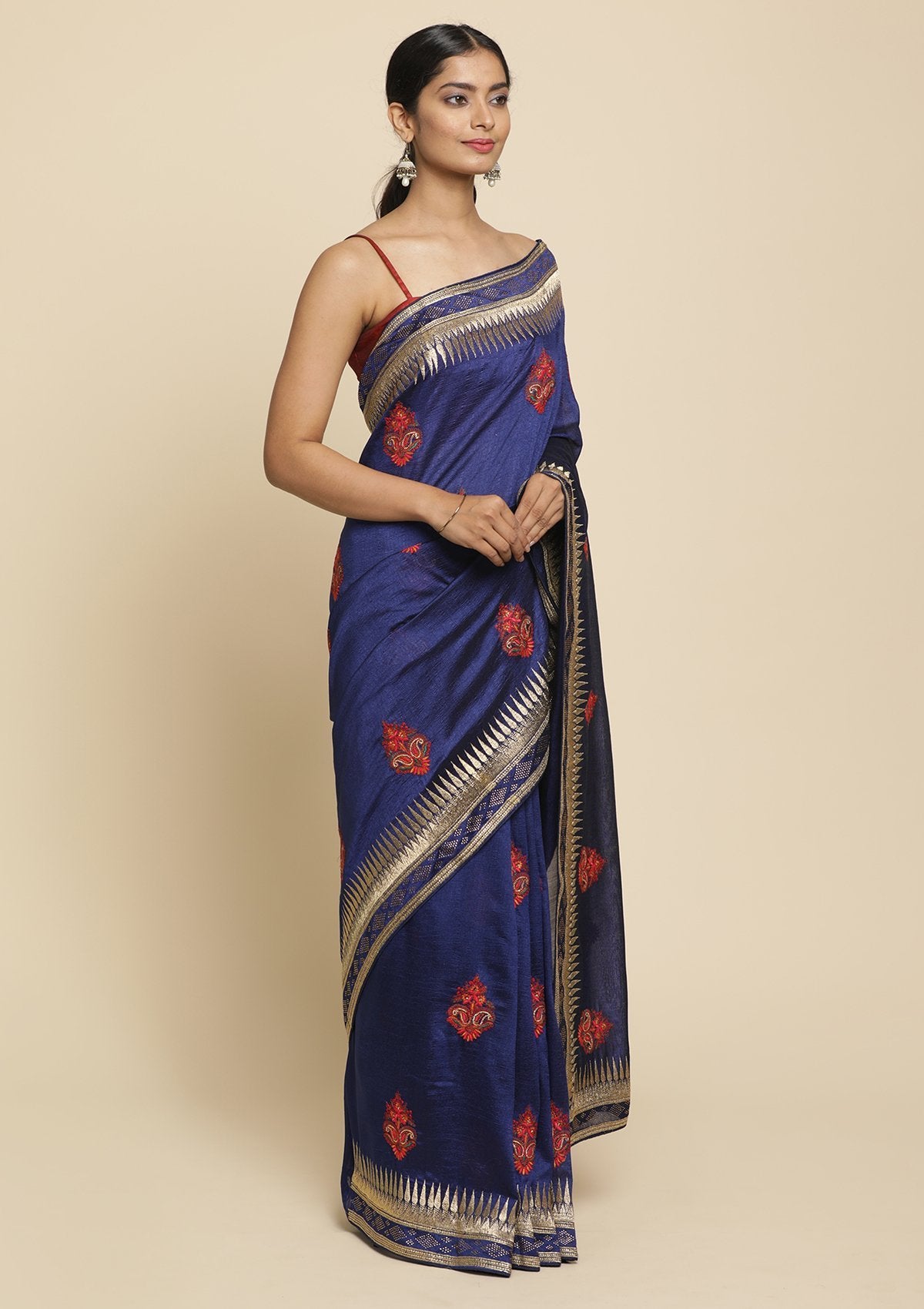 Navy Blue Zariwork  Art Silk Designer Saree - koskii