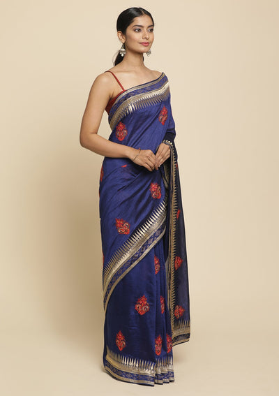 Navy Blue Zariwork  Art Silk Designer Saree - koskii