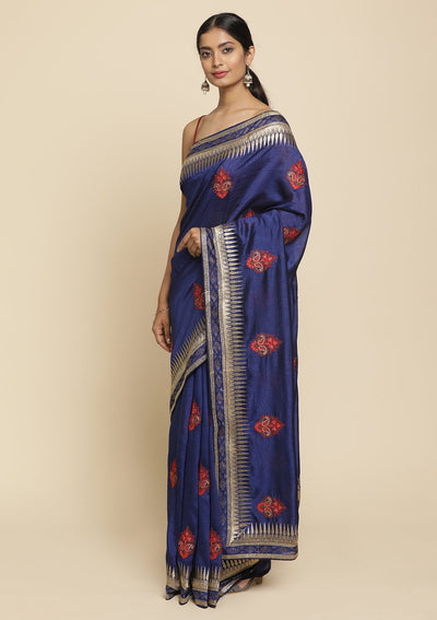 Navy Blue Zariwork  Art Silk Designer Saree - koskii