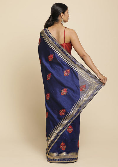 Navy Blue Zariwork  Art Silk Designer Saree - koskii