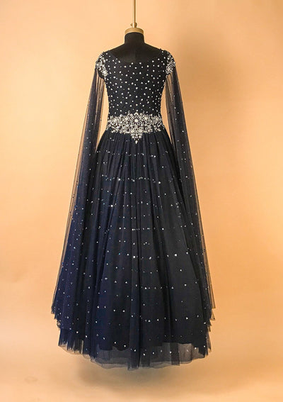 Navy Blue Silver Stonework Net Designer Gown - koskii