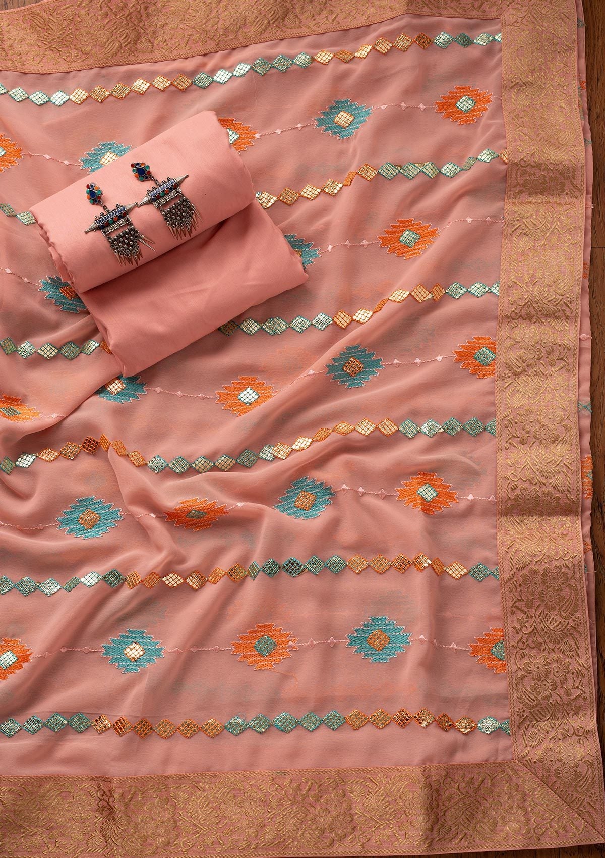 Onion Pink Sequins Georgette Designer Unstitched Salwar Suit - koskii