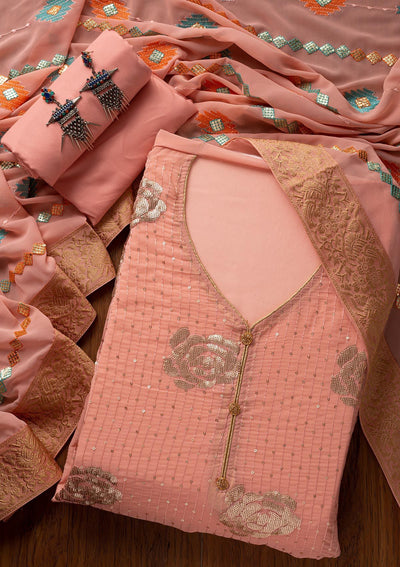 Onion Pink Sequins Georgette Designer Unstitched Salwar Suit - koskii