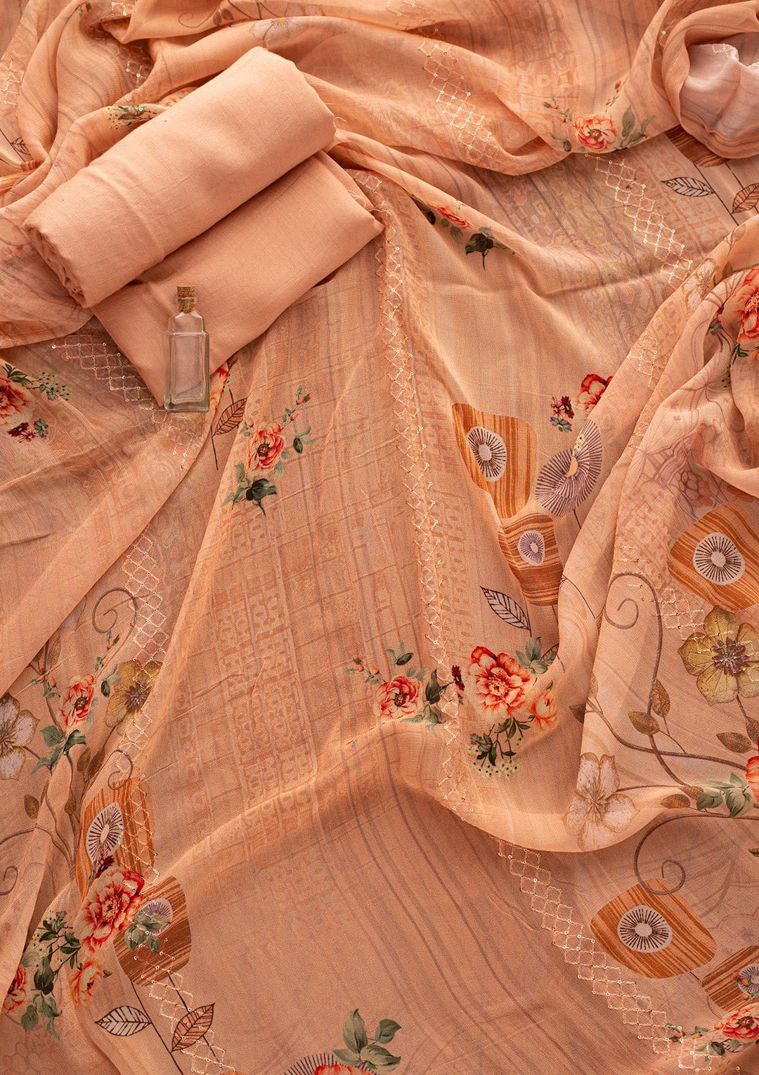 Peach Chikankari Georgette Designer Unstitched Salwar Suit - koskii