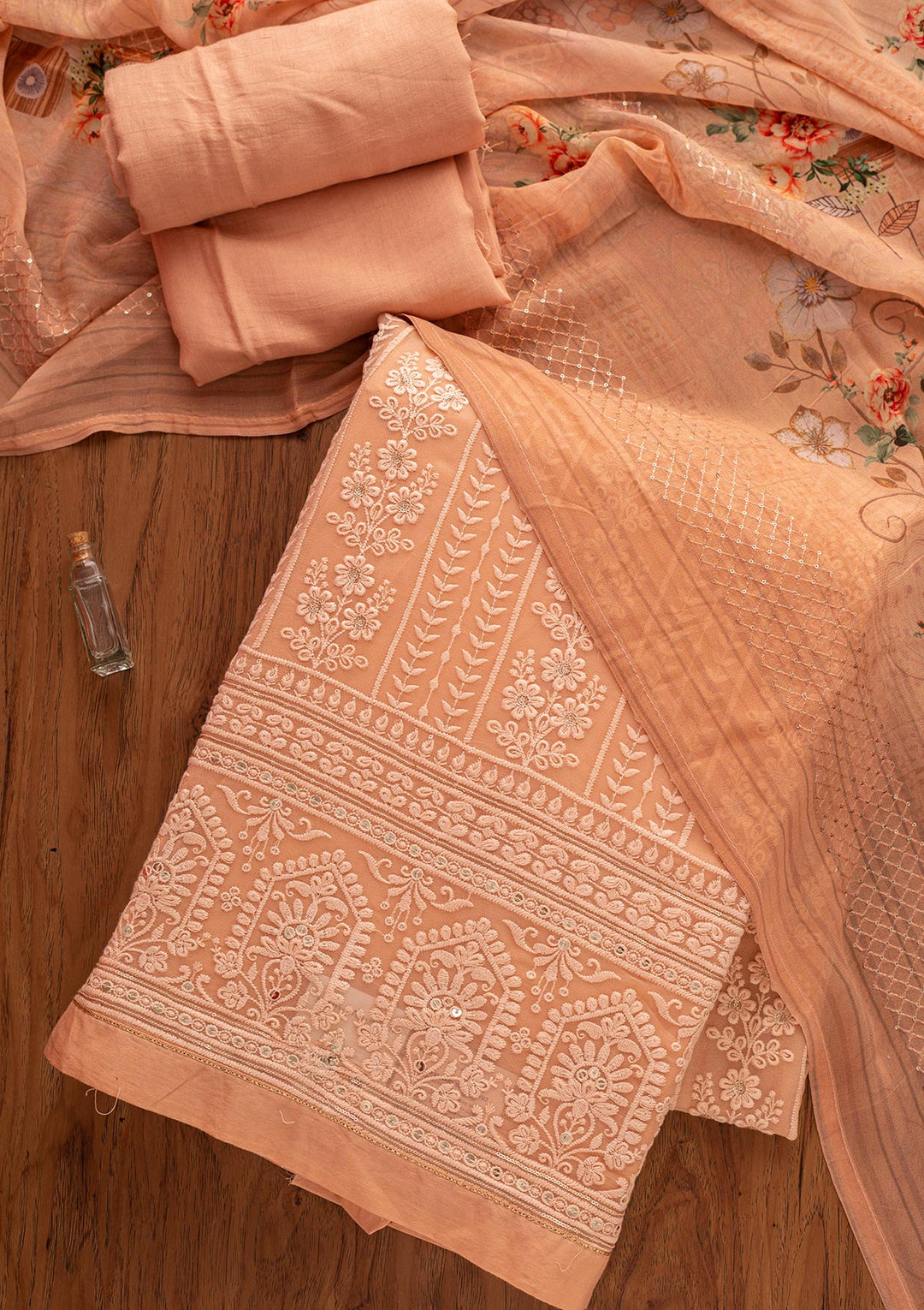 Peach Chikankari Georgette Designer Unstitched Salwar Suit - koskii