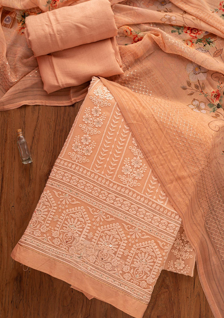 Peach Chikankari Georgette Designer Unstitched Salwar Suit - koskii