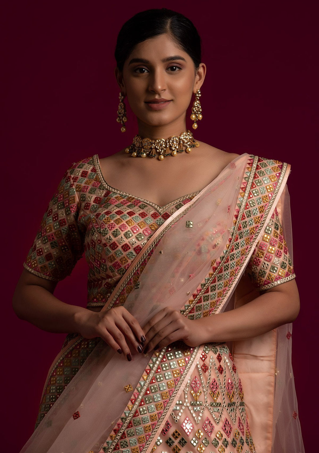 Peach Gotapatti Net Designer Lehenga - koskii