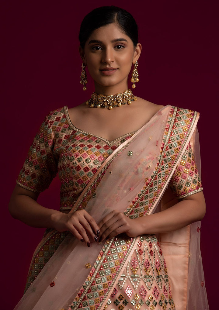 Peach Gotapatti Net Designer Lehenga - koskii