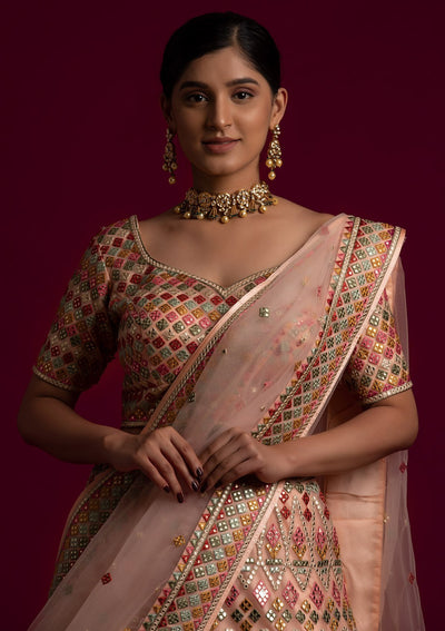 Peach Gotapatti Net Designer Lehenga - koskii
