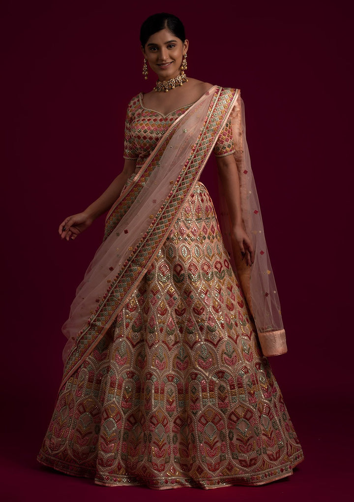 Peach Gotapatti Net Designer Lehenga - koskii
